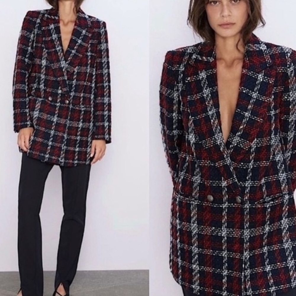 ZARA Black Red White Plaid Tweed Double Breasted Blazer Jacket